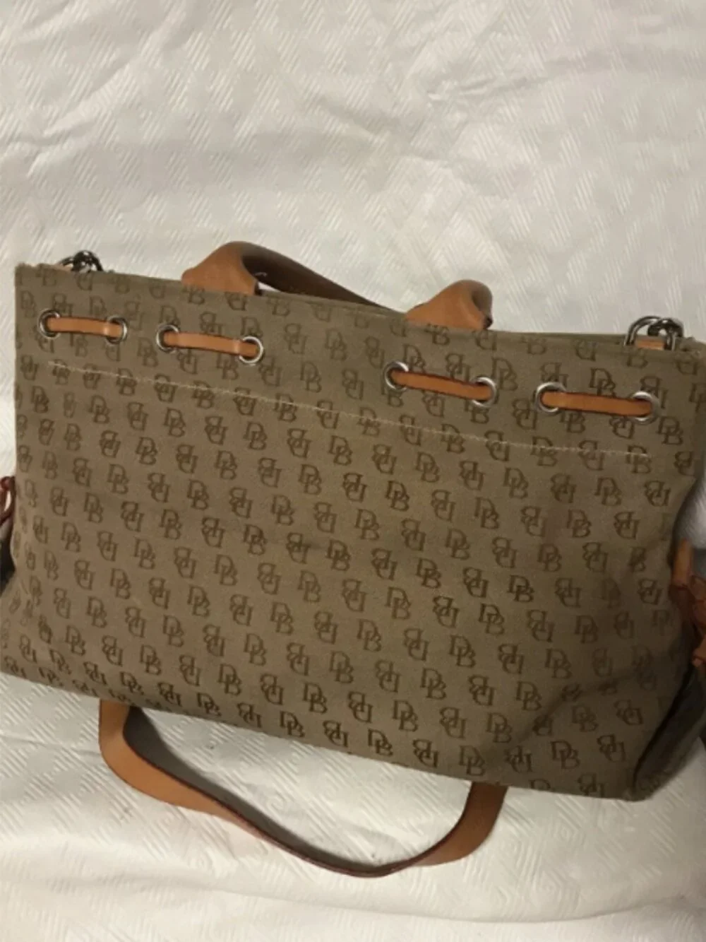 VINTAGE DOONEY AND BOURKE SIGNATURE TASSEL CANVAS LEATHER SHOULDER BAG